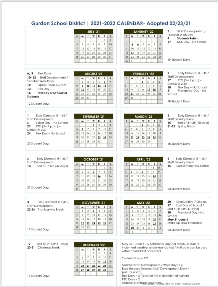 Gurdon School District Calendar 2022 - PublicHolidays.com